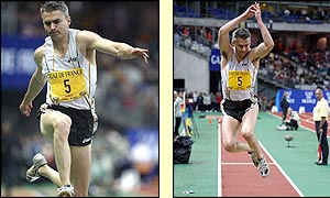 British athlete Jonathan Edwards jumps to win the triple jump event