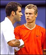 Lleyton Hewitt is congratulated by Pete Sampras after last year's US Open final
