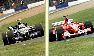 With just a few minutes to the end of the session Williams' Ralf Schumacher and Ferrari's Michael Schumacher have another go at taking pole position - the pair will start fourth and third 