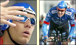 Luxemborg's Benoit Joachim gets the signal to start the prologue while Armstrong speeds up 