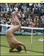 A streaker appeared on Centre Court during the first rain delay