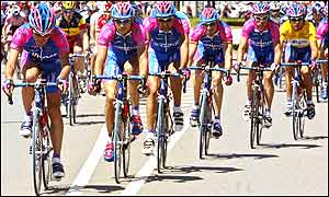 The Lampre team take their turn at the front of the peloton