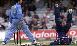 England all-rounder Andrew Flintoff takes a tumble at the Oval