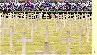 The riders go past the World War One memorial of Verdun-Bevaux 