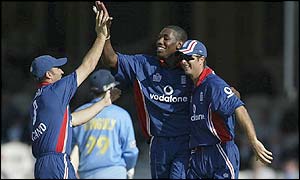 Alex Tudor celebrates the wicket of Sourav Ganguly in the sixth over