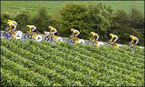 Riders of the dominant ONCE-Eroski team make their way through the fourth stage