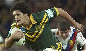 Willie Mason of the Kangaroos makes a break during the Rugby League Test Match between the Australia and Great Britain Lions