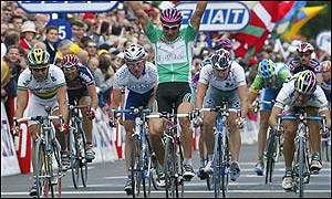 Germany's Erik Zabel celebrates as he wins stage six of the Tour 
