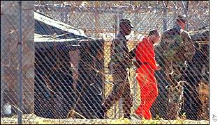 Prisoners in Camp X-Ray, Guantanamo Bay, Cuba