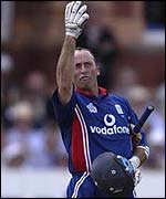 Hussain gestures to the press after getting his ton