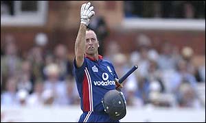 Nasser Hussain gestures to the press box at Lord's