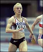 Janine Whitlock in action during a 60m indoor sprint