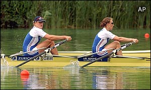 Frances Houghton and Deborah Flood win the women's double skulls 