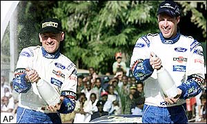McRae celebrates his 25th career win on the podium