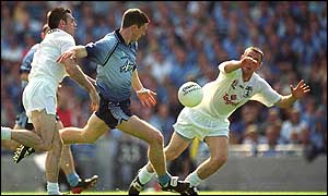 Dublin's Colin Moran runs into trouble during the Leinster final