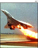 Concorde on fire on take-off. AP