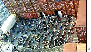 Asylum seekers stranded on the Norwegian ship The Tampa last year 