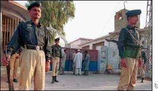 Police guarding the court in a Hyderabad jail