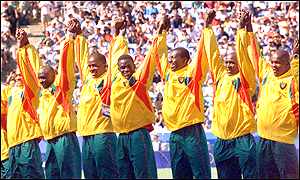 Cameroon receiving applause after winning the Olympic title in 2000