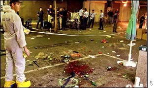 Israeli police mark the area of the Tel Aviv bomb