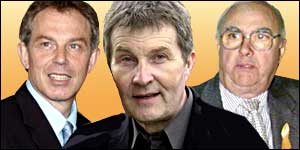 Tony Blair, left, Derek Simpson, and Ken Jackson, right