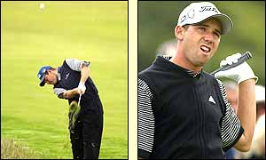 Lee Westwood and Sergio Garcia in Open golf action