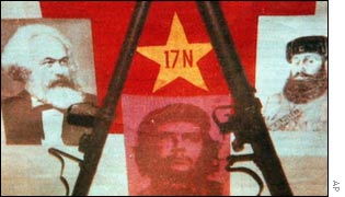 Logo of N17, showing Karl Marx, Che Guevara, and Greek communist leader Aris Velouhiotis 