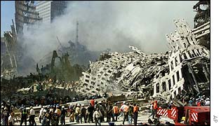Workers in the Remains of the World Trade Center following 11 September attacks