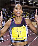 Marion Jones celebrates her Monaco victory