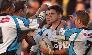 Cronulla's Matthew Riek celebrates his try against the Northern Eagles
