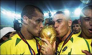 Rivaldo and Ronaldo celebrate their World Cup win in Japan