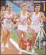 Sebastian Coe leads Steve Cram and Steve Ovett in the 1500m at the Los Angeles Olympics