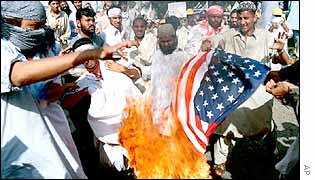 Demonstrators burn the US flag