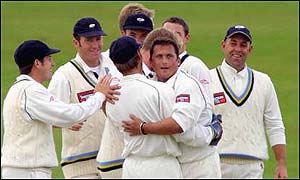 Gough celebrates a Lancashire wicket