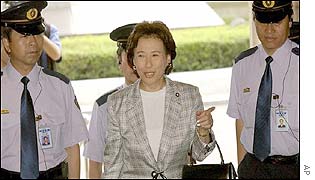 Japan's former Foreign Minister Makiko Tanaka arrives at the Parliament to testify