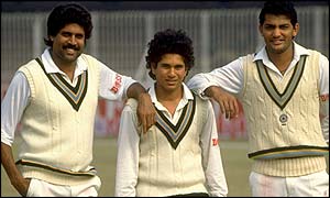 Kapil Dev, a youthful Sachin Tendulkar and Mohammed Azharuddin before a Test series against Pakistan in 1989
