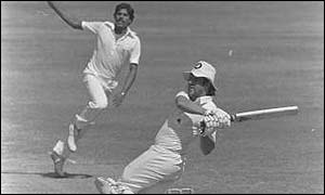 England batsman Ian Botham hooks India's Kapil Dev during the first Test in Bombay in 1981