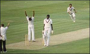 Kapil Dev claims the final West Indies wicket of Andy Roberts to seal victory in the World Cup final at Lord's