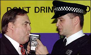 John Prescott is breathalysed as part of a government drink drive campaign
