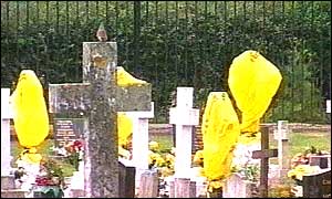 Gravestones covered with yellow bags
