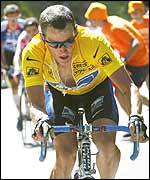 Lance Armstrong moves away from the field on a climb on this year's Tour