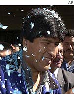 Evo Morales greeted by supporters