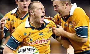 Morlock shows his delight after scoring Australia's second try