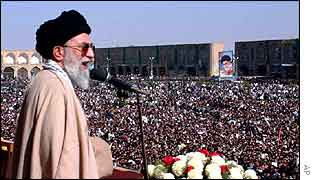 Iranian Supreme leader Ayatollah Khomeini at a hardliners' rally