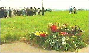 Flowers lay near the site of the crash