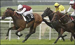 With two furlongs to go Sarayat attempts to move on the inside, but Dublin spots the gap and bravely bursts through with one furlong to go