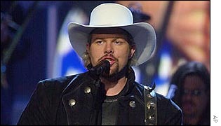 Toby Keith performs at the Country Music Association Awards show in Nashville, Tenn. on Wednesday, Nov. 7, 2001