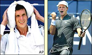 Tim Henman (left) is beaten in three sets by David Nalbandian
