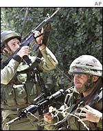 Israeli soldiers on patrol near the West Bank town of Nablus