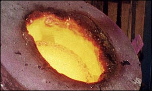 Gold being melted at Ashanti Gold Fields